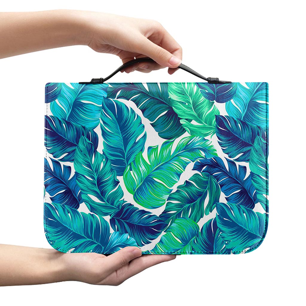 Teal Tropical Leaf Pattern Print Leather Bible Cover
