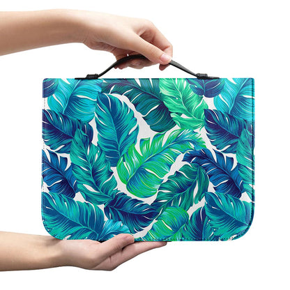 Teal Tropical Leaf Pattern Print Leather Bible Cover