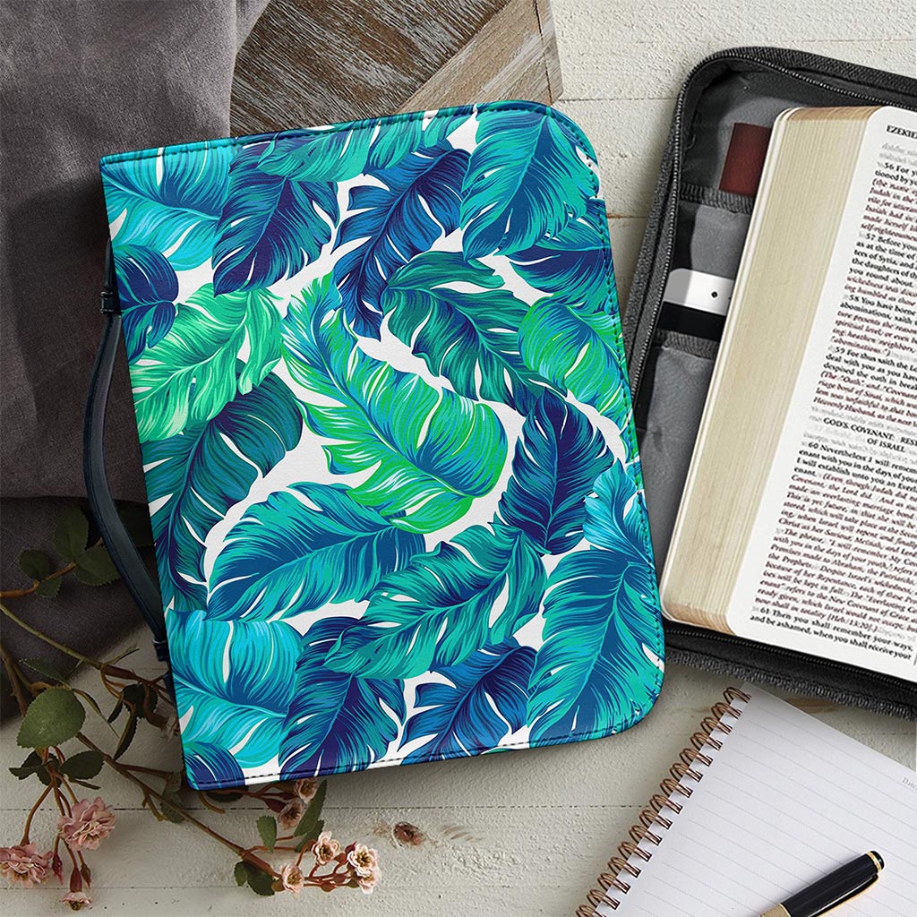 Teal Tropical Leaf Pattern Print Leather Bible Cover