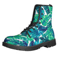 Teal Tropical Leaf Pattern Print Lace-Up Boots