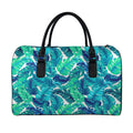 Teal Tropical Leaf Pattern Print Leather Duffel Bag