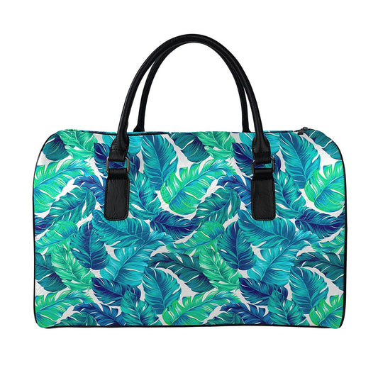 Teal Tropical Leaf Pattern Print Leather Duffle Bag