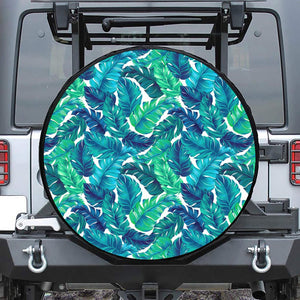 Teal Tropical Leaf Pattern Print Leather Spare Tire Cover