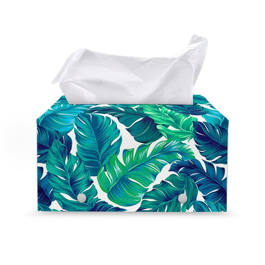 Teal Tropical Leaf Pattern Print Leather Tissue Box Cover