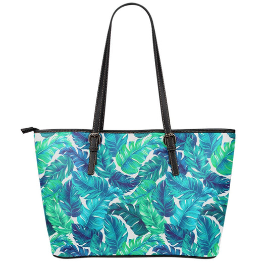 Teal Tropical Leaf Pattern Print Leather Tote Bag