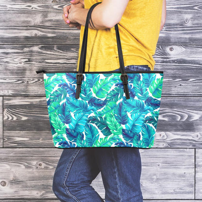 Teal Tropical Leaf Pattern Print Leather Tote Bag