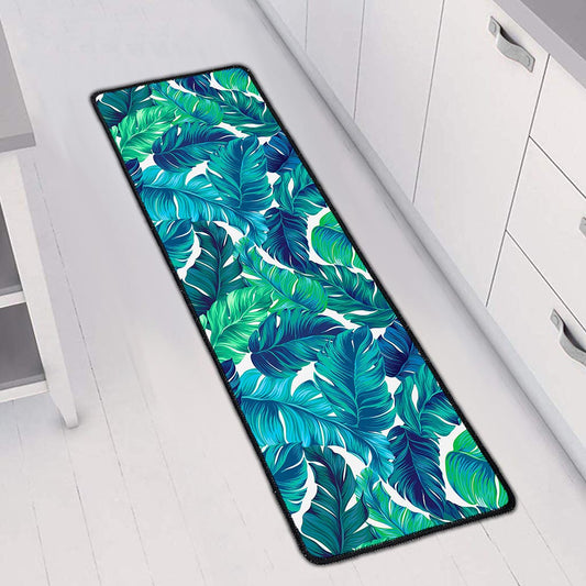 Teal Tropical Leaf Pattern Print Long Kitchen Mat