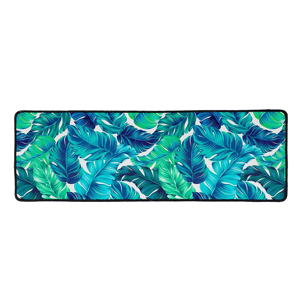 Teal Tropical Leaf Pattern Print Long Kitchen Mat