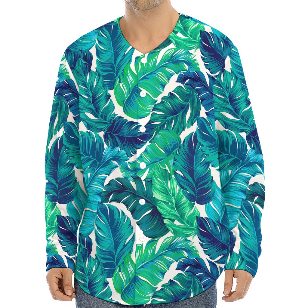 Teal Tropical Leaf Pattern Print Long Sleeve Baseball Jersey