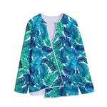 Teal Tropical Leaf Pattern Print Long Sleeve Short Coat