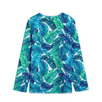 Teal Tropical Leaf Pattern Print Long Sleeve Short Coat