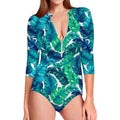 Teal Tropical Leaf Pattern Print Long Sleeve Swimsuit