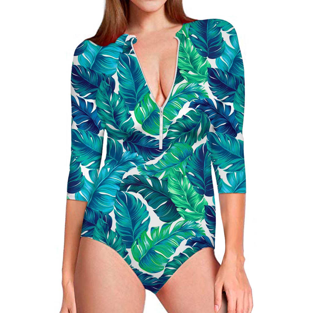Teal Tropical Leaf Pattern Print Long Sleeve Swimsuit