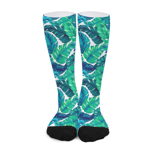Teal Tropical Leaf Pattern Print Long Socks