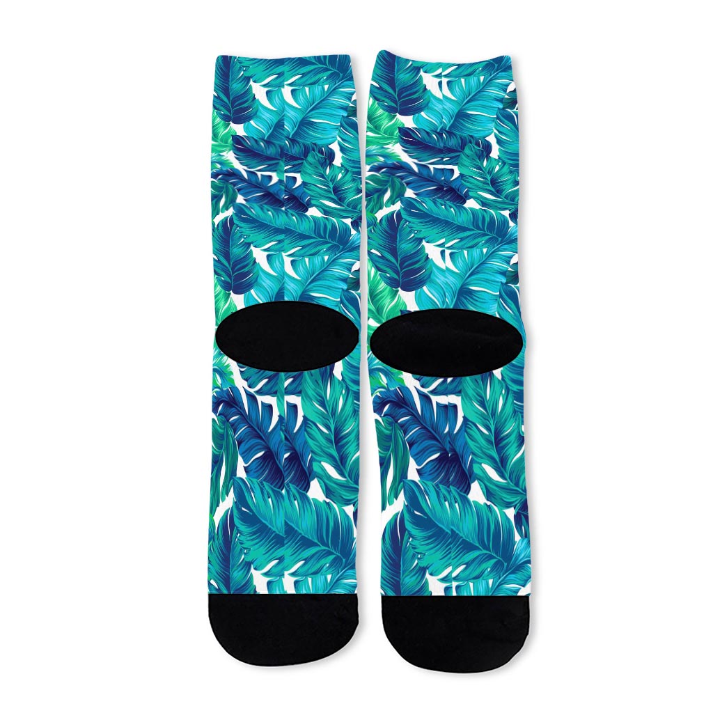 Teal Tropical Leaf Pattern Print Long Socks