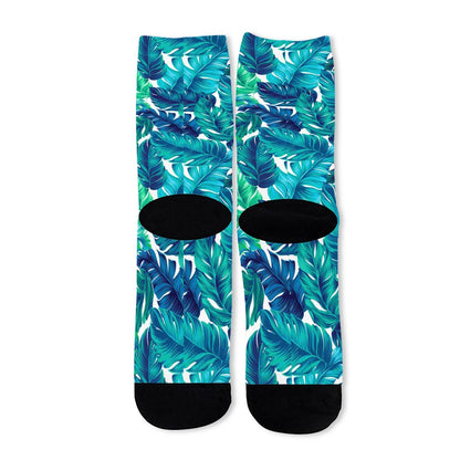 Teal Tropical Leaf Pattern Print Long Socks
