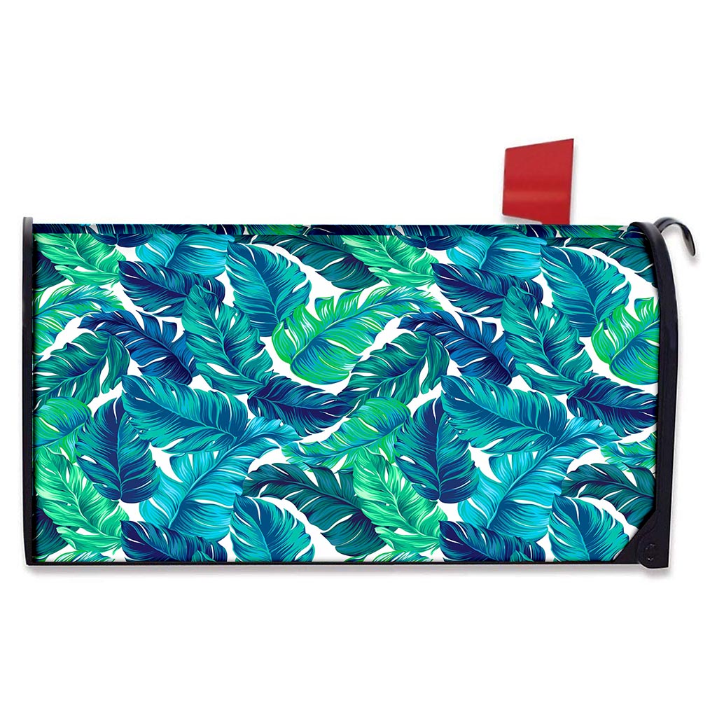 Teal Tropical Leaf Pattern Print Mailbox Cover