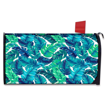 Teal Tropical Leaf Pattern Print Mailbox Cover