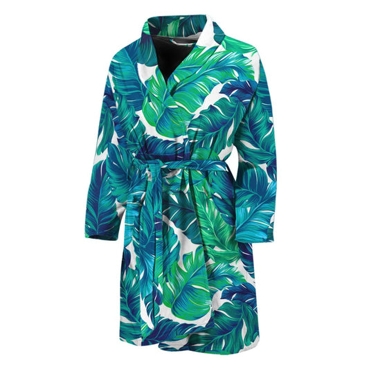 Teal Tropical Leaf Pattern Print Men's Bathrobe