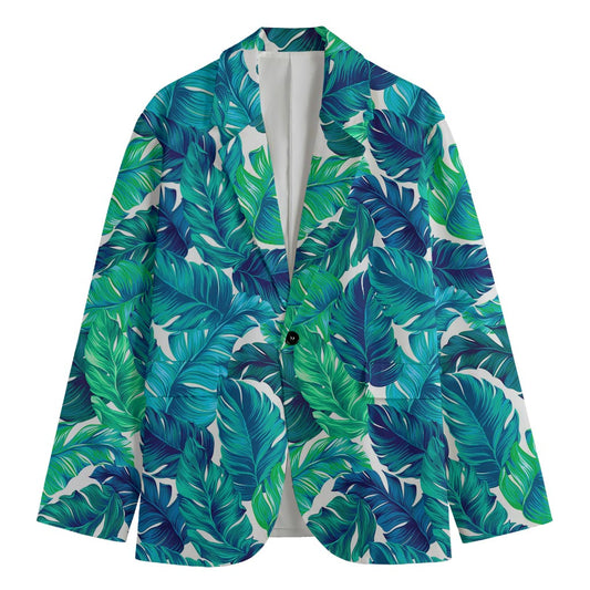 Teal Tropical Leaf Pattern Print Men's Blazer