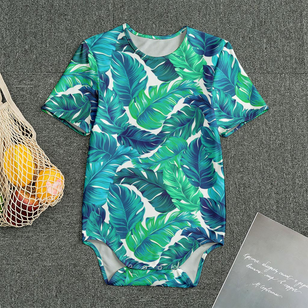 Teal Tropical Leaf Pattern Print Men's Bodysuit