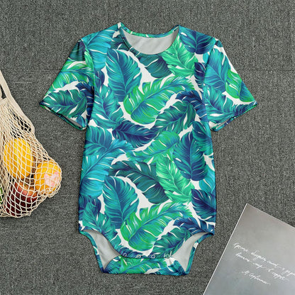 Teal Tropical Leaf Pattern Print Men's Bodysuit