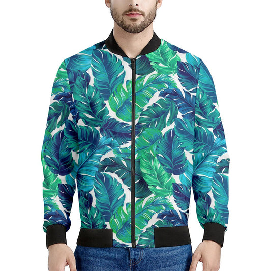 Teal Tropical Leaf Pattern Print Men's Bomber Jacket