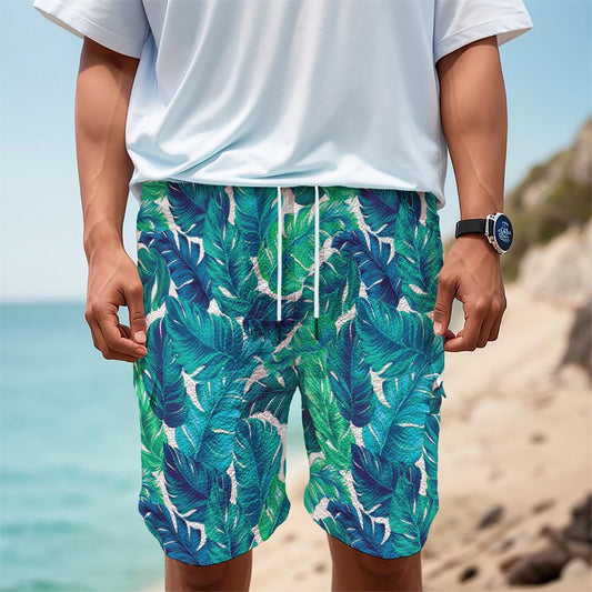 Teal Tropical Leaf Pattern Print Men's Cargo Shorts