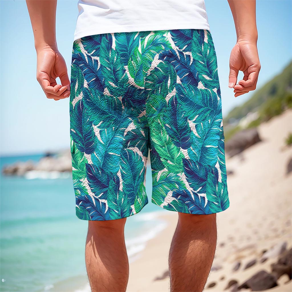 Teal Tropical Leaf Pattern Print Men's Cargo Shorts