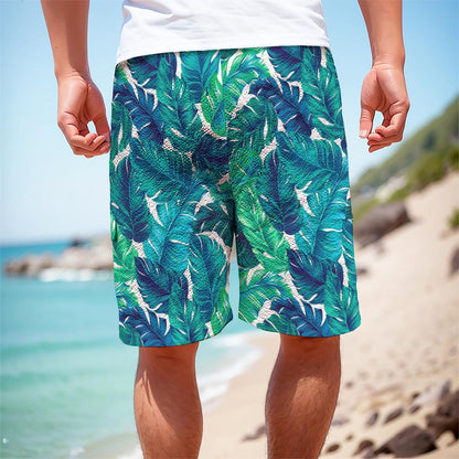 Teal Tropical Leaf Pattern Print Men's Cargo Shorts