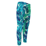 Teal Tropical Leaf Pattern Print Men's Compression Pants