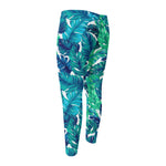 Teal Tropical Leaf Pattern Print Men's Compression Pants
