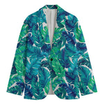 Teal Tropical Leaf Pattern Print Men's Cotton Blazer