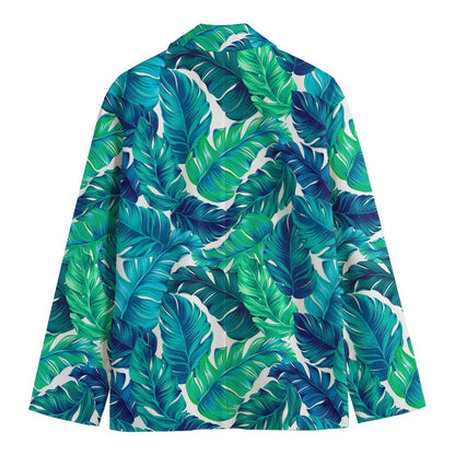 Teal Tropical Leaf Pattern Print Men's Cotton Blazer