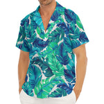 Teal Tropical Leaf Pattern Print Men's Deep V-Neck Shirt