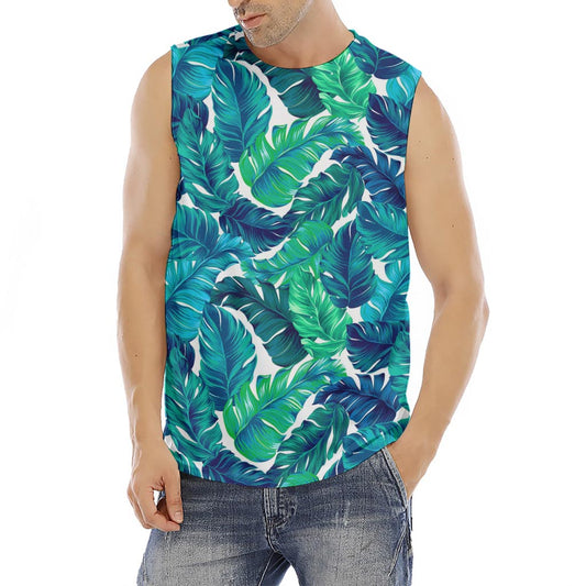 Teal Tropical Leaf Pattern Print Men's Fitness Tank Top