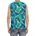 Teal Tropical Leaf Pattern Print Men's Fitness Tank Top