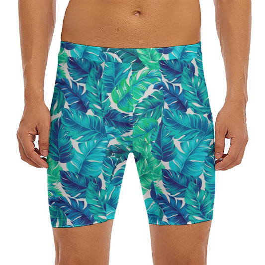 Teal Tropical Leaf Pattern Print Men's Long Boxer Briefs