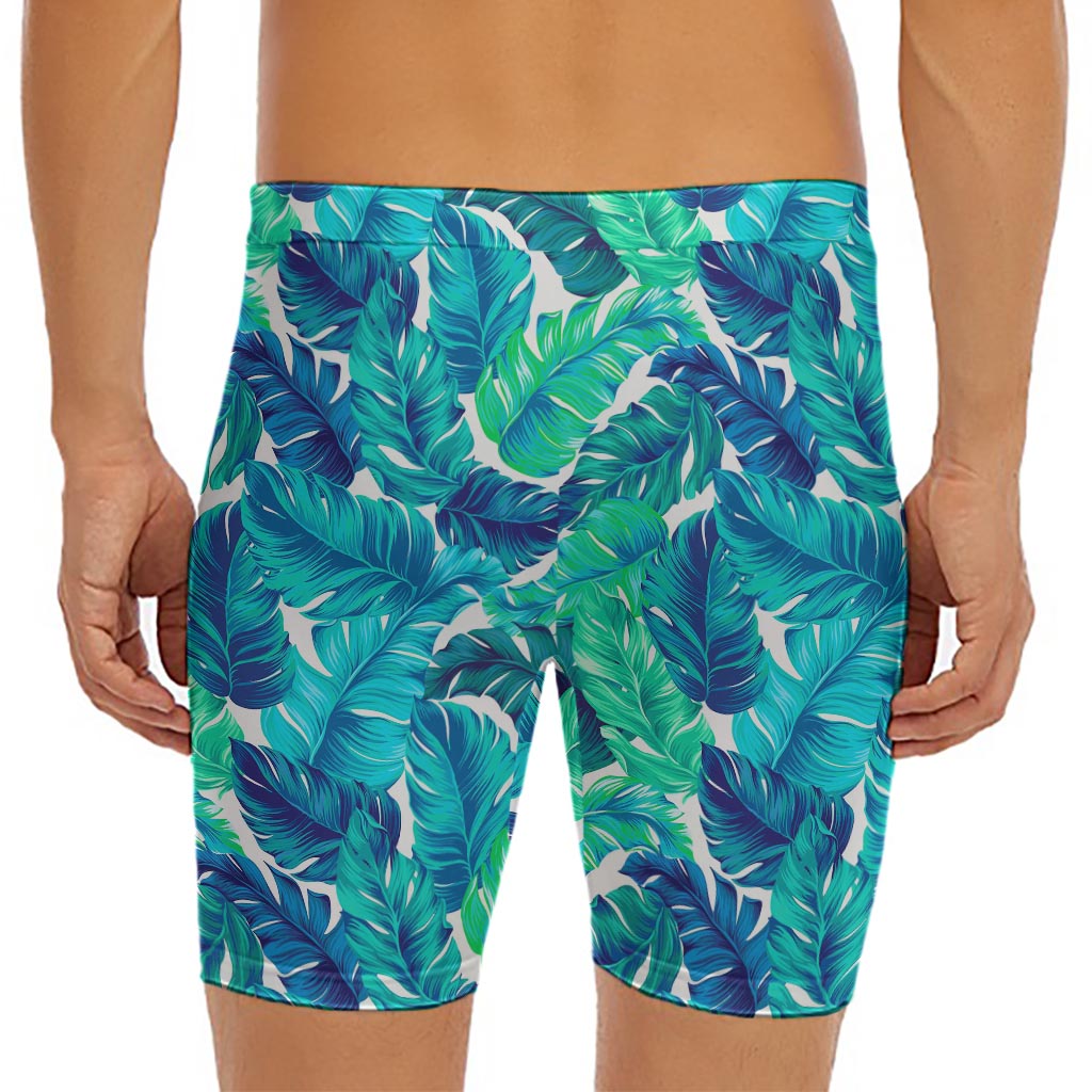 Teal Tropical Leaf Pattern Print Men's Long Boxer Briefs