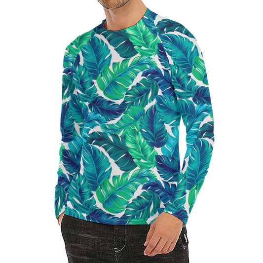 Teal Tropical Leaf Pattern Print Men's Long Sleeve Rash Guard