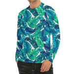 Teal Tropical Leaf Pattern Print Men's Long Sleeve Rash Guard