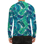 Teal Tropical Leaf Pattern Print Men's Long Sleeve Rash Guard