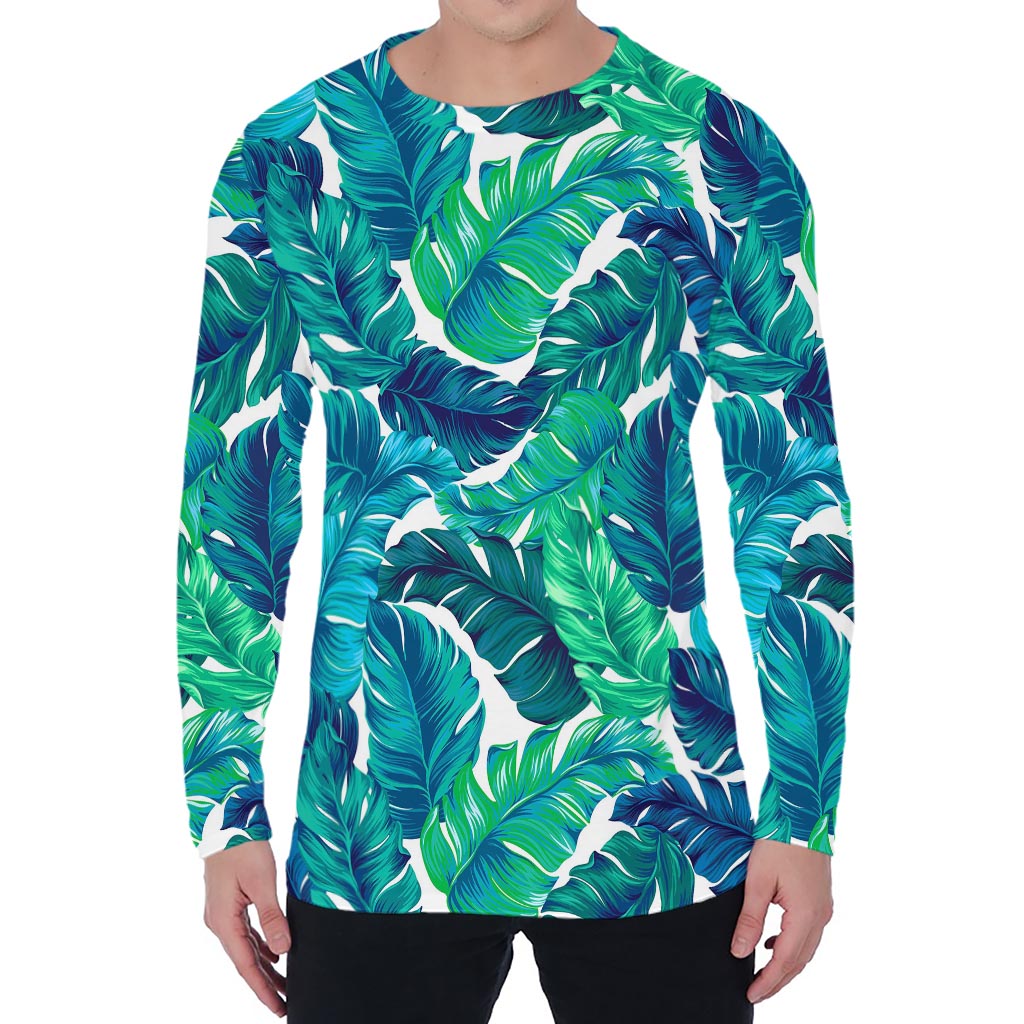 Teal Tropical Leaf Pattern Print Men's Long Sleeve T-Shirt