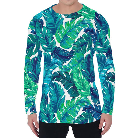 Teal Tropical Leaf Pattern Print Men's Long Sleeve T-Shirt