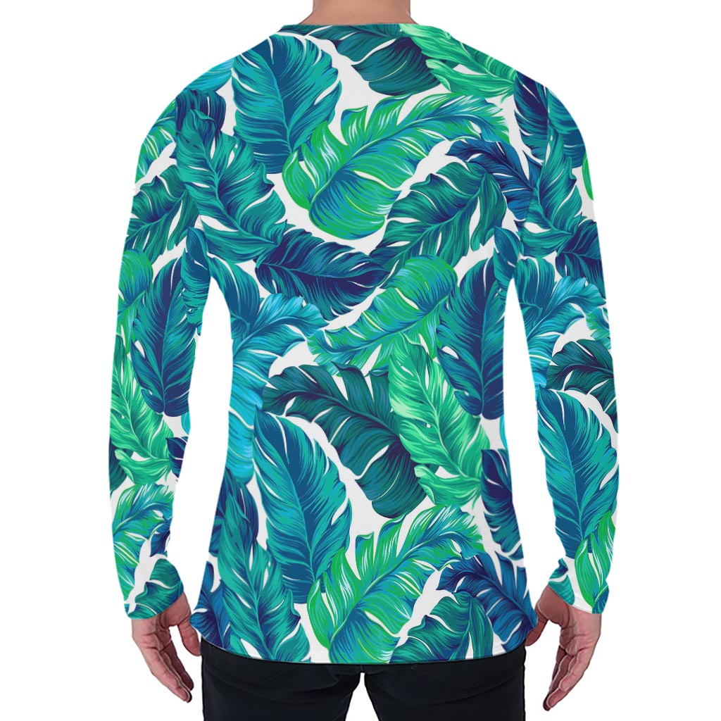 Teal Tropical Leaf Pattern Print Men's Long Sleeve T-Shirt