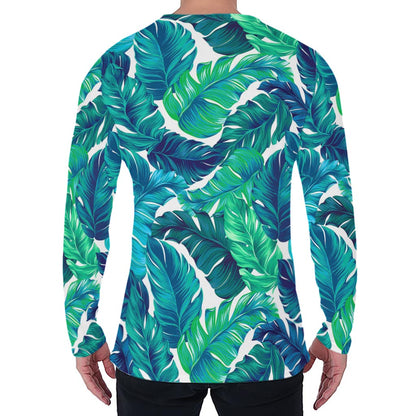Teal Tropical Leaf Pattern Print Men's Long Sleeve T-Shirt