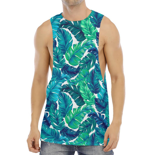 Teal Tropical Leaf Pattern Print Men's Muscle Tank Top