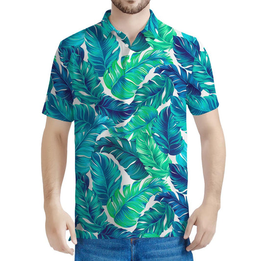 Teal Tropical Leaf Pattern Print Men's Polo Shirt