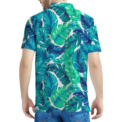 Teal Tropical Leaf Pattern Print Men's Polo Shirt