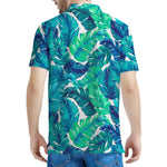 Teal Tropical Leaf Pattern Print Men's Polo Shirt